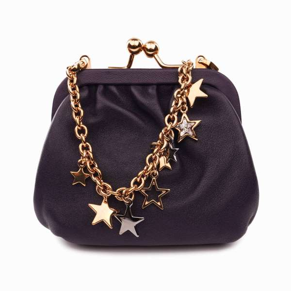 Lambskin purse bag with metal stars crystal chain strap in purple and gold by DOLCE & GABBANA