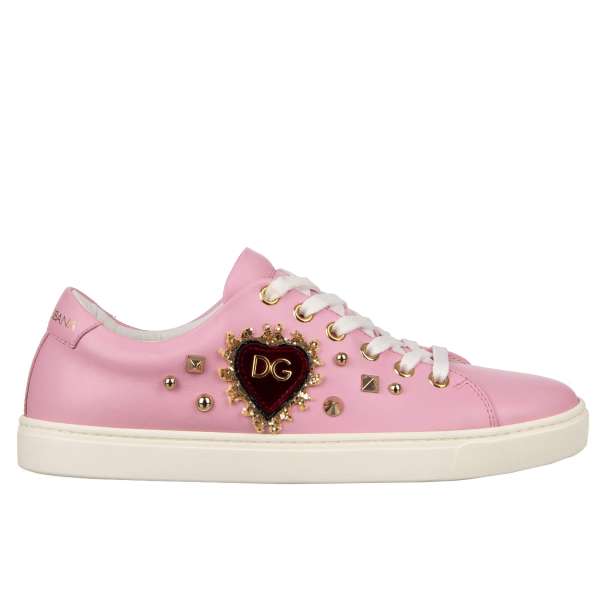 Leather Sneaker LONDON with DG velvet Heart patch and studs in pink and white by DOLCE & GABBANA