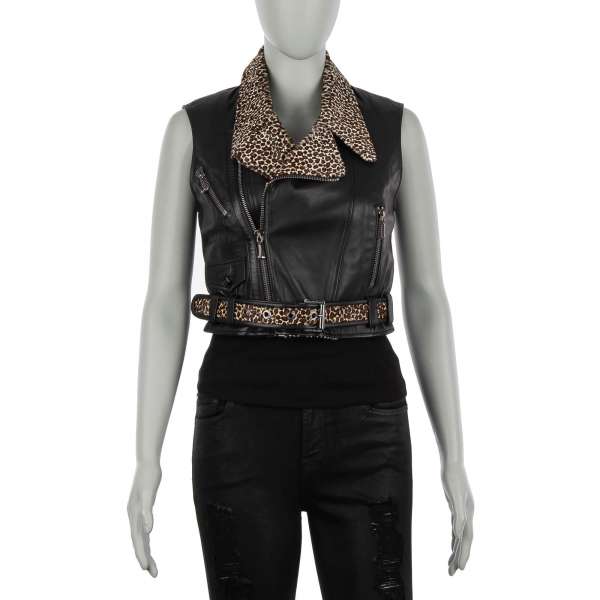 Leopard print fur leather short Vest Jacket THUNDER with crystal embellished thunder application on the back in black by PHILIPP PLEIN COUTURE