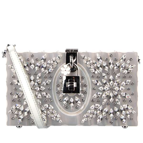 Clutch Bag / Shoulder Bag DOLCE BOX crafted from painted wood with many crystals in flowers design and decorative padlock by DOLCE & GABBANA Black Label