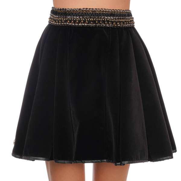 "Back and Forth" Mini velvet skirt with crystal and pearl embellishments in black by PHILIPP PLEIN