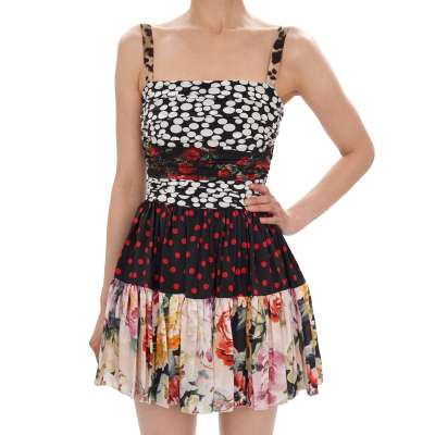 Leopard Rose Polka Dot Silk Mini Dress Pink White IT 40 US 4 XS S