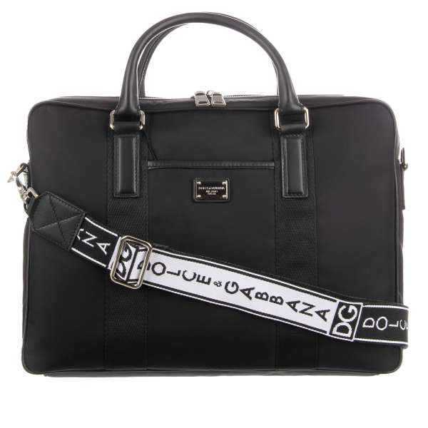 Nylon Laptop Tasche / Aktenkoffer mit Leder Details, Riemen mit Logo Print, Innenfächern und Logo Schild von DOLCE & GABBANA
