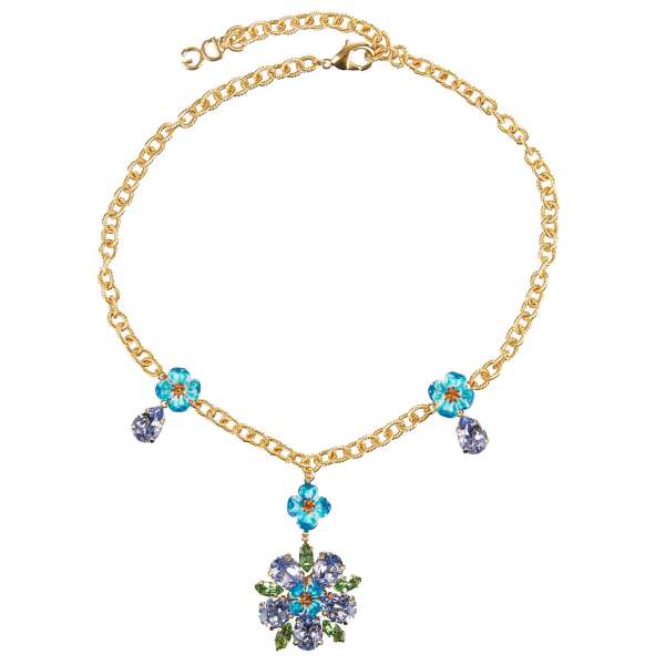 Chocker necklace with blue crystals and hand-painted cherry flowers in gold by DOLCE & GABBANA