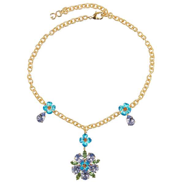 Chocker Kette mit blauen Kristallen und hand bemahlten Kirschen Blumen in gold von DOLCE & GABBANA 