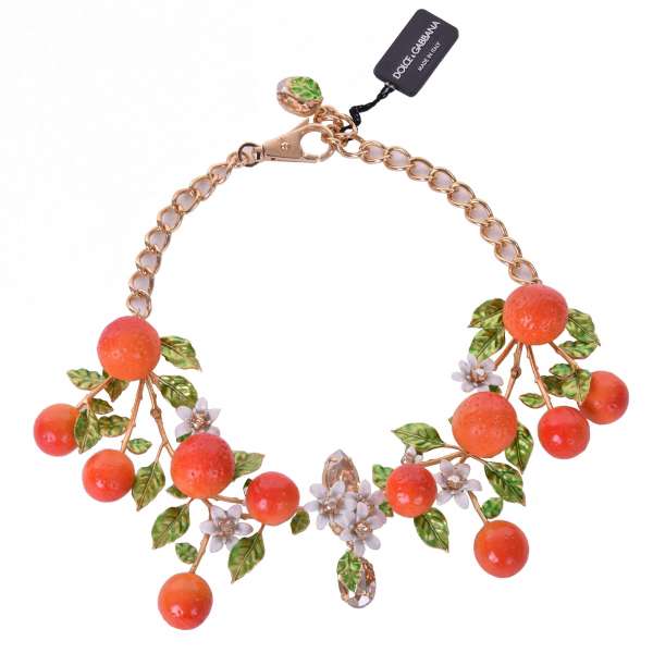 "Arance" Necklace with Oranges, Flowers and Crystals in Gold by DOLCE & GABBANA