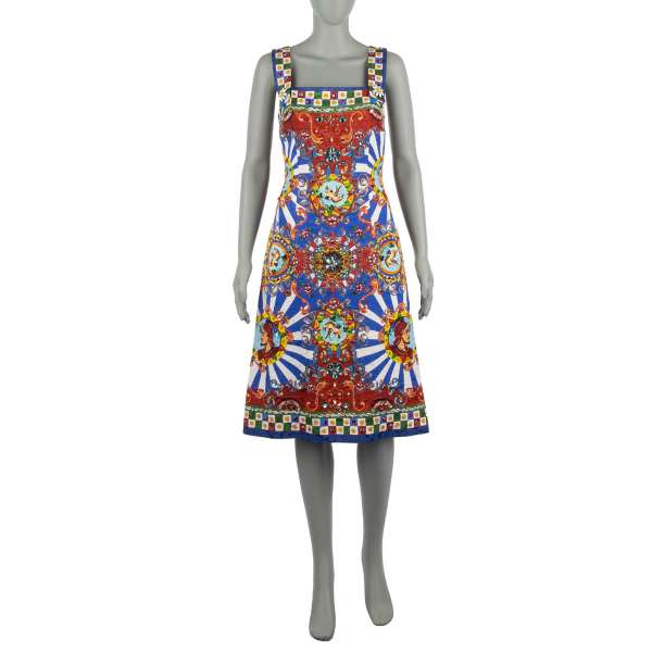 Carretto Siciliano printed brocade dress with embroidered crystals in red, blue, yellow, white, green and orange by DOLCE & GABBANA Black Label