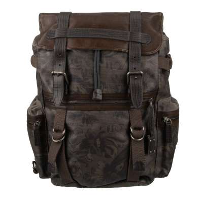 Military Style Canvas Backpack with Floral Baroque Print and Logo Brown