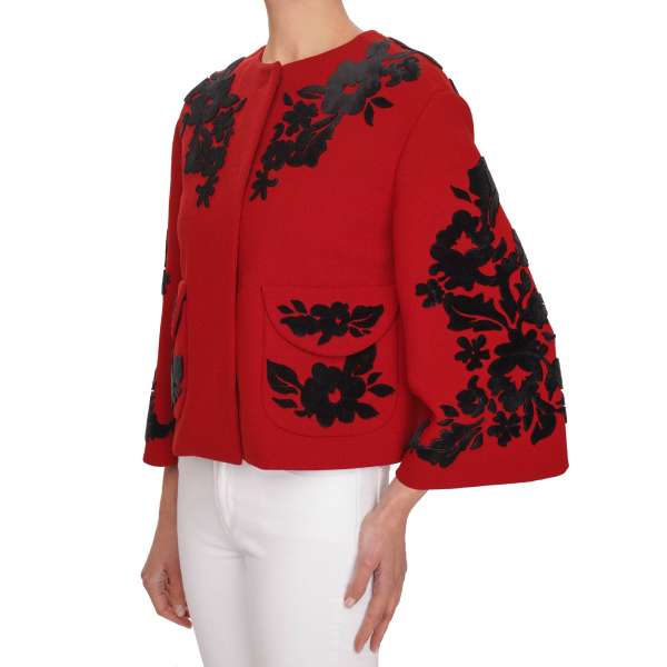 Baroque Jacket with embroidered velvet flowers in black and red made of virgin wool by DOLCE & GABBANA