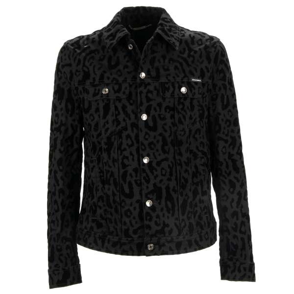 Leopard textured denim and velvet jacket with pockets, logo plate and logo sticker by DOLCE & GABBANA