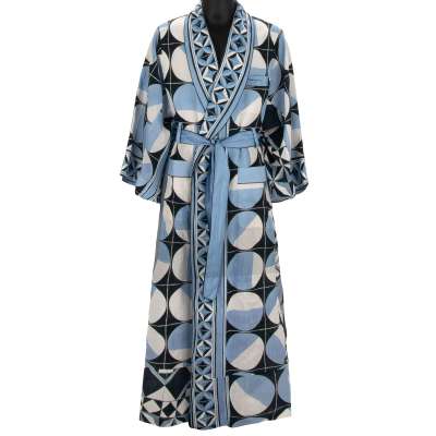 Gio Ponti Design Printed Linen Coat Robe Blue White 52 L
