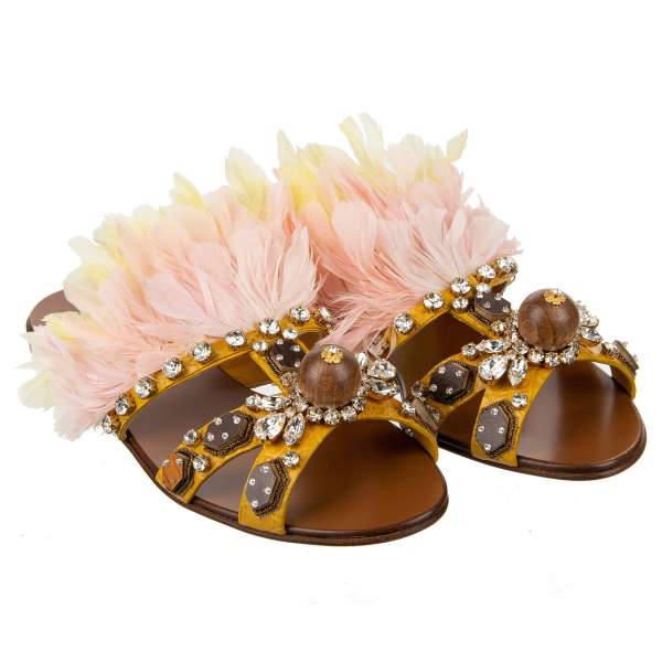 Caiman Leather Slide Sandals BIANCA embellished with feathers, crystals and beads in brown, pink and yellow by DOLCE & GABBANA 