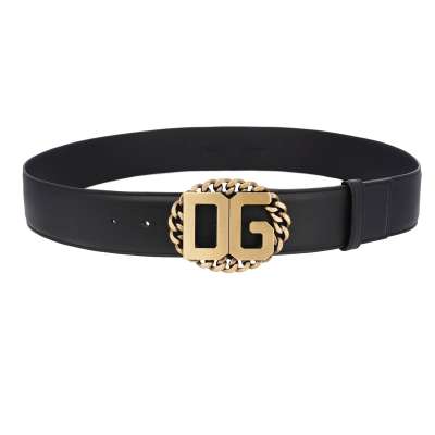 DG Chain Logo Metal Buckle Leather Belt Black Dim Gold 95 38