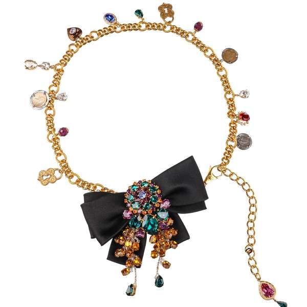 Adjustable Belt embelished with silk ribbon brooches covered with pendants, crystals and gold chain with pink pendant on the back in gold and black by DOLCE & GABBANA 