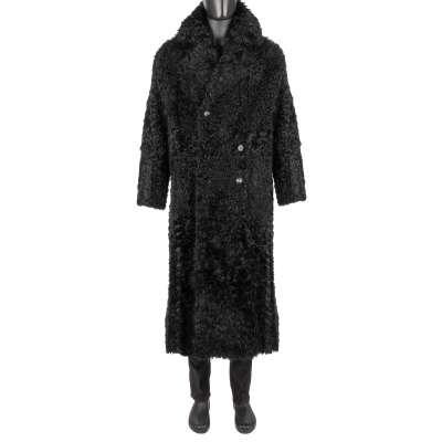 Double-Breasted Oversize Lamb Fur Leather Coat Black