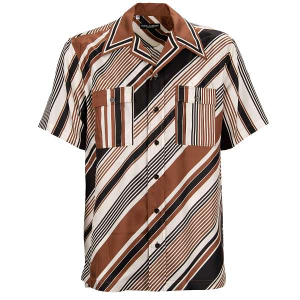 Oversize silk shirt with striped pattern in black, brown and white by DOLCE & GABBANA
