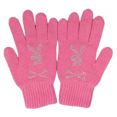 Kniied Logo Crystals Gloves Pink
