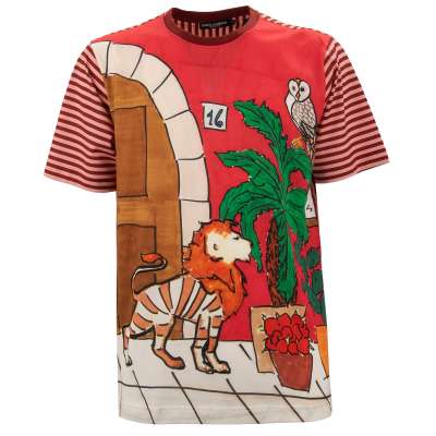 Löwe Palme Print Baumwolle T-Shirt gestreift Grün Rot