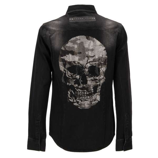 BY ME Jeans / Denim Hemd mit PP Metall Logo, Kristall Skull und zwei Taschen vorne in Schwarz von PHILIPP PLEIN