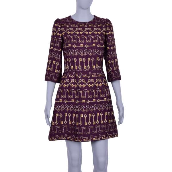 Baroque Style Jacquard Dress with golden keys print in bordeaux by DOLCE & GABBANA Black Label