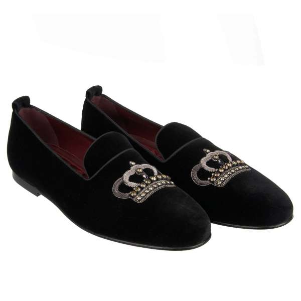 Velvet loafer shoes YOUNG POPE with goldwork and crystal hand made crown embroidery in black by DOLCE & GABBANA