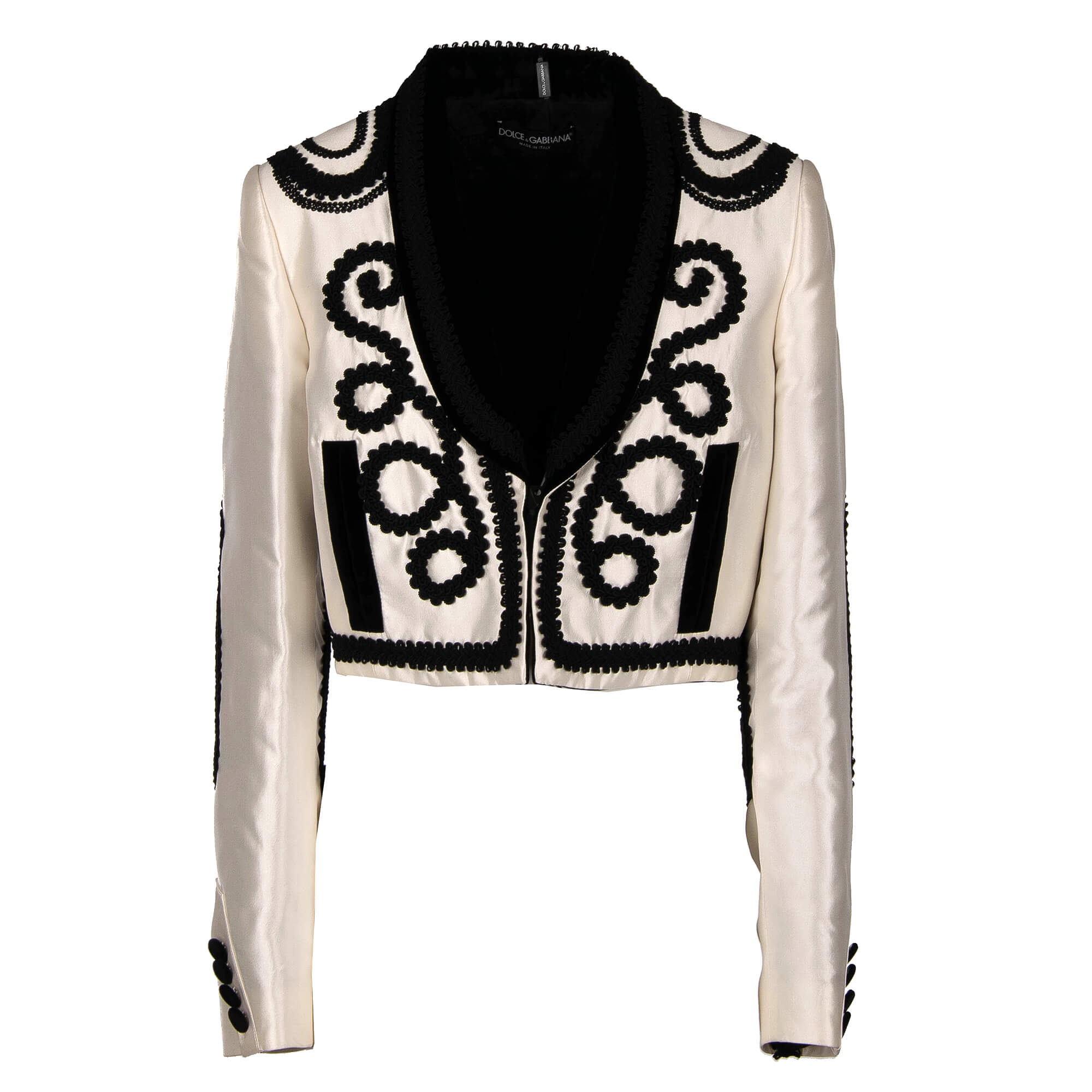 Dolce & Gabbana Embroidered Silk Torero Jacket White Black | FASHION ROOMS Dolce & Gabbana Embroidered Silk Torero Jacket White Black | FASHION ROOMS
