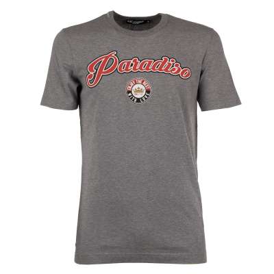 Cotton T-Shirt with Paradiso Print and Logo Sticker Gray