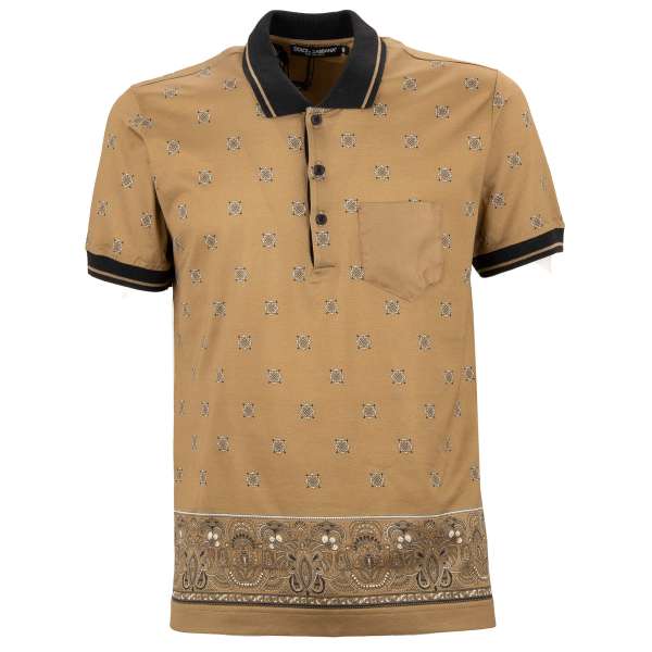 Silk Blend Polo Shirt with contrast details and pocket in beige and black by DOLCE & GABBANA