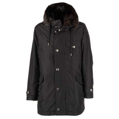 Silk Parka Jacket with Detachable Fur Lining and Hoody Black
