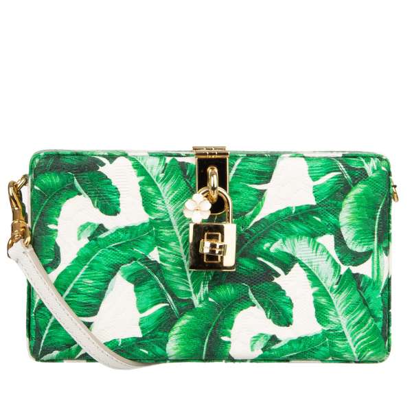 Jacquard clutch / shoulder bag DOLCE BOX with banana leafs print and decorative padlock with enamel flower by DOLCE & GABBANA