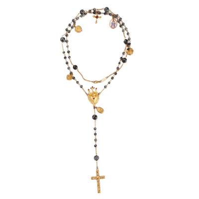 Unisex Rosario Cross Crystal Crown Chain Necklace Gold Gray