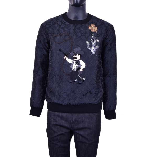DGFamily Brocade sweater with cowboy, four leaved clover and cactus hand made embroidery in black by DOLCE & GABBANA Black Line