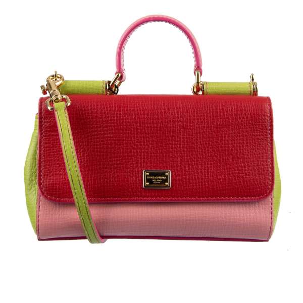 Soft Calf Leather Tote / Shoulder Bag MISS SICILY Mini in baguette shape with pockets in red / pink / green colors by DOLCE & GABBANA