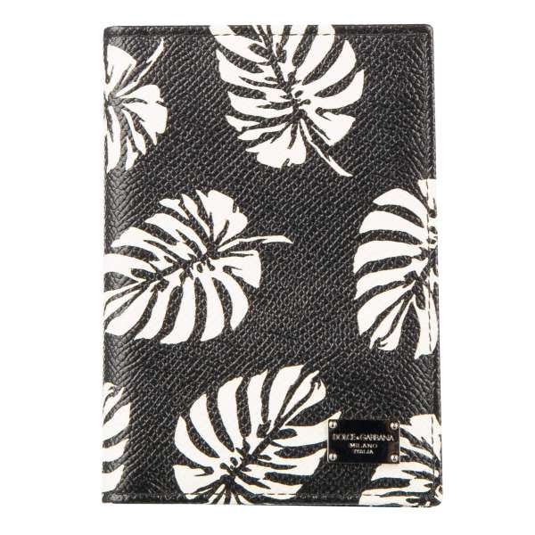 Palms printed dauphine leather cards wallet with DG metal logo plate in black and white by DOLCE & GABBANA