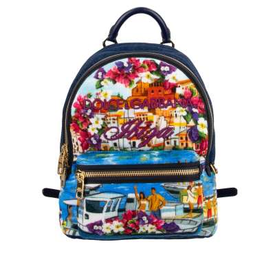 Exclusive Embroidered Velvet Backpack with IBIZA Print Blue