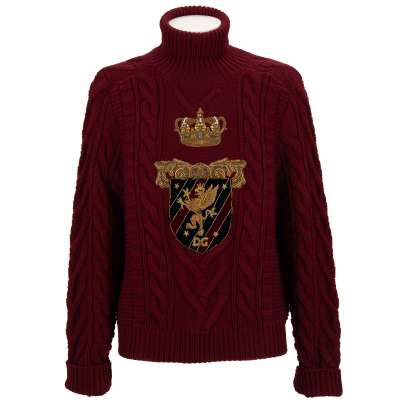 Kaschmir Wolle Rollkragen Pullover mit Krone Wappen Stickerei Rot 50 M-L