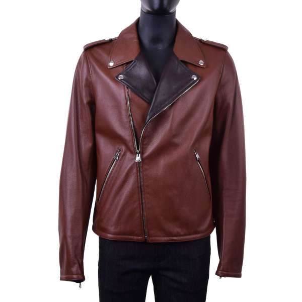 Deer leather biker jacket with a wide cut contrast collar by DOLCE & GABBANA Black Line