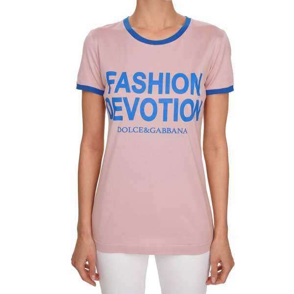 Cotton T-Shirt with Fashion Devotion logo print and ripped details in pink and blue by DOLCE & GABBANA