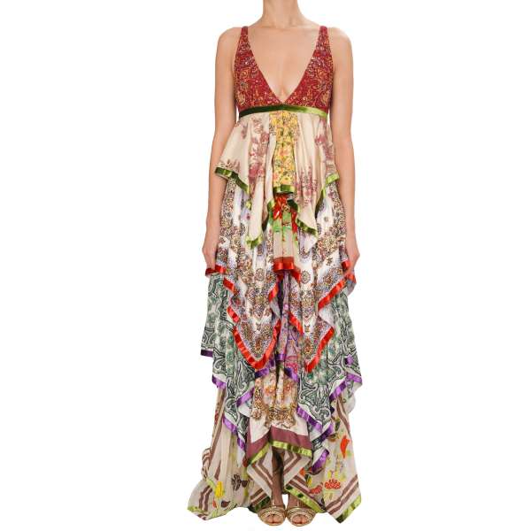 Sequin and pearls embroidered maxi silk dress with train in red, green, purple and beige by DSQUARED2