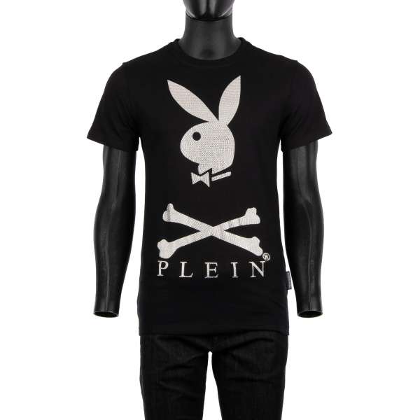 T-Shirt mit großem Bunny Skull Logo und PLEIN Schriftzug aus silbernen Kristallen vorne und mit 'Playboy X Plein' Schriftzug aus Kristallen auf der Rückseite von PHILIPP PLEIN x PLAYBOY