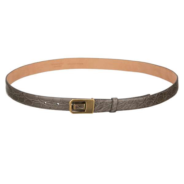 Classic Crocodile Leather belt with DG logo gold metal buckle in gray by DOLCE & GABBANA