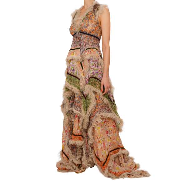 Studs, pearls, leather elements and fur trim embroidered maxi dress with train in green, pink, orange and beige by DSQUARED2