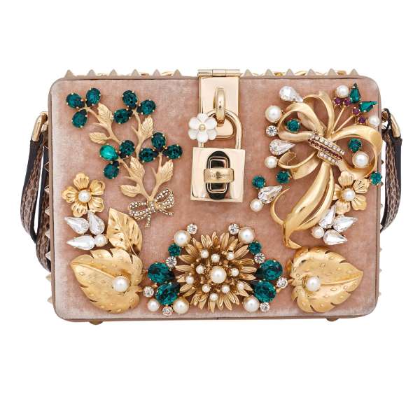 Caiman leather and velvet clutch / handbag DOLCE BOX with snakeskin double strap, brooches, crystals, golden studs and chains and decorative padlock by DOLCE & GABBANA