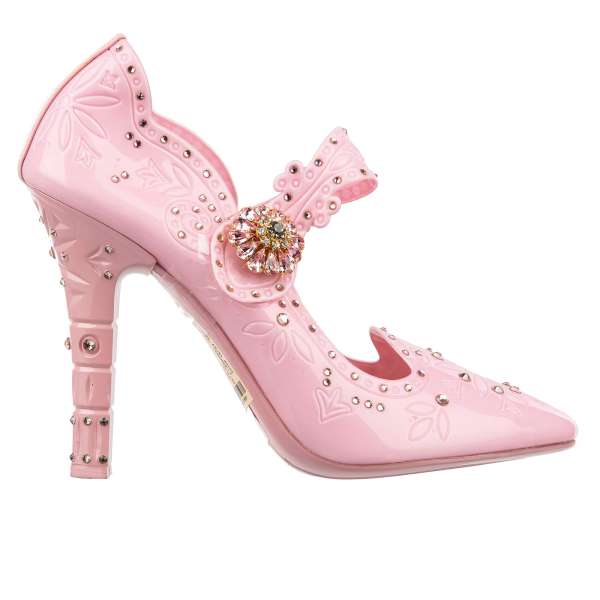 Cinderella Pumps made of PVC embellished with rhinestones and brooch buckle in pink by DOLCE & GABBANA 