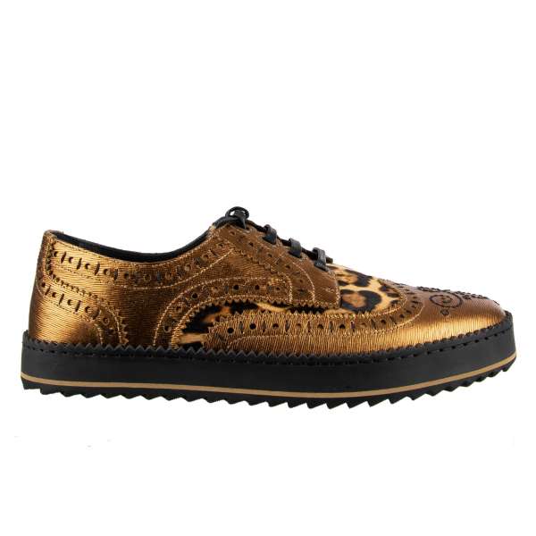 Derby Schuhe aus Fell und Leder in Leopard Print und Gold mit fester Sohle von DOLCE & GABBANA