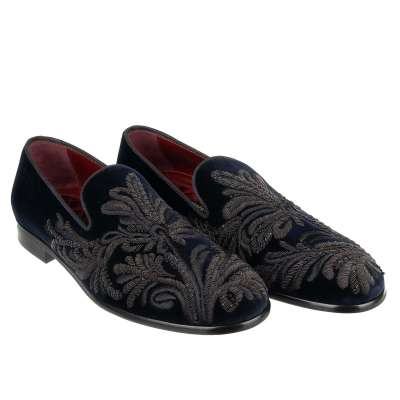 Barock Samt Loafer Schuhe MILANO Floral Stickerei Schwarz Blau 43 UK 9 US 10