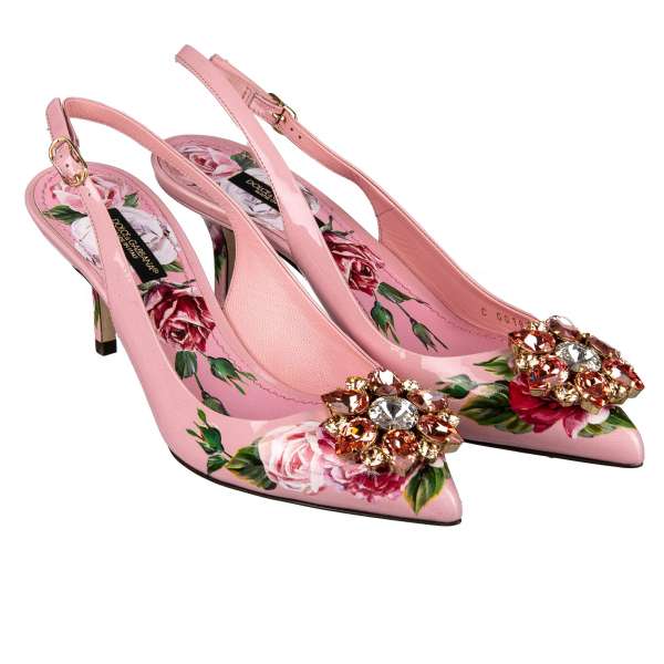 Pointed patent leather Slingback Pumps BELLUCCI in pink with crystals brooch and peony print by DOLCE & GABBANA