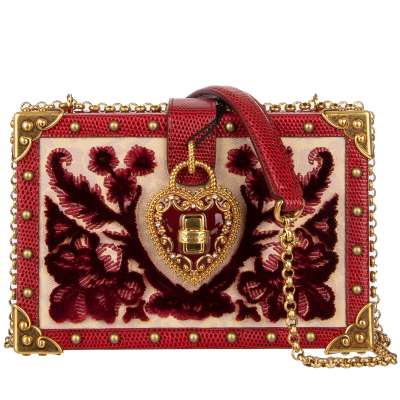 Samt Brokat Leder Clutch Box Tasche MY HEART mit Nieten Rot