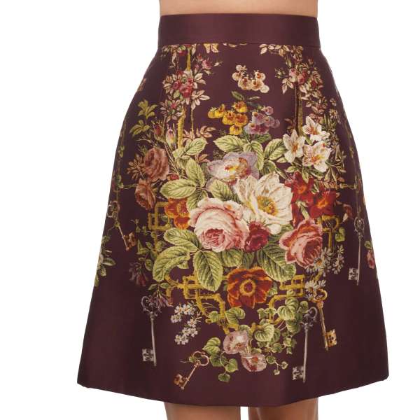 Silk and Wool skirt with keys and flowers print by DOLCE & GABBANA