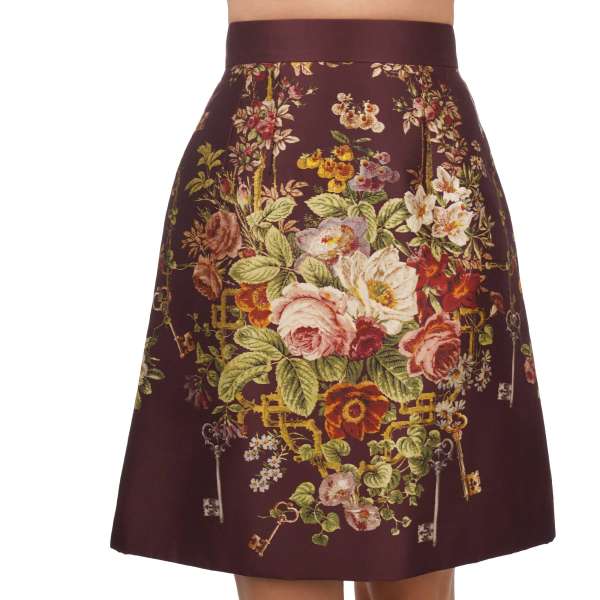 Rock aus Seide und Wolle mit Schlüssel und Blumen Print von DOLCE & GABBANA